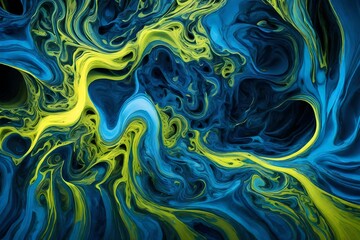 Pulsating azure and neon yellow in a hypnotic dance of fluids.