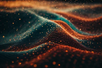 Fotobehang 3d rendering of abstract digital landscape with glowing particles. Futuristic wave with depth of field and bokeh. Big data visualization. © Viewvie