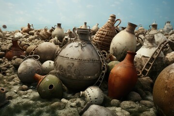 Bunch of amphorae on seabed - obrazy, fototapety, plakaty