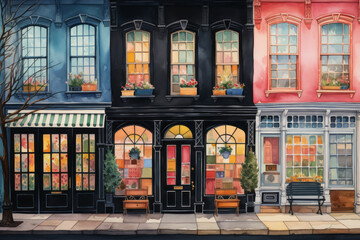 A charming watercolor illustration of store windows adorned with Black Friday promotions, inviting customers to shop with vibrant colors.