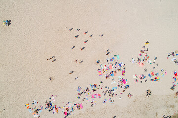 drone zenithal aerial view of a beach with people in summer