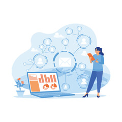 The marketing team is standing holding cell phones and pens. Analyzing email and SMS marketing concepts and checking client lists for mailings. Marketing concept. trend modern vector flat illustration