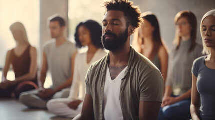 Obraz premium Group, diverse and meditation in a studio for mindfulness practise and spirituality. People sitting, deep breathing and religion for mental health, burnout, zen, calm and stress free lifestyle. Mind,
