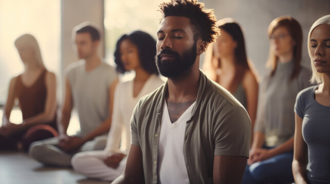 Group, diverse and meditation in a studio for mindfulness practise and spirituality. People sitting, deep breathing and religion for mental health, burnout, zen, calm and stress free lifestyle. Mind,