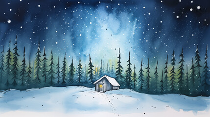 Winter landscape with village cabin and fir trees in snow in watercolor style. Holiday digital watercolor illustration for design on Christmas and New Year card, poster or banner