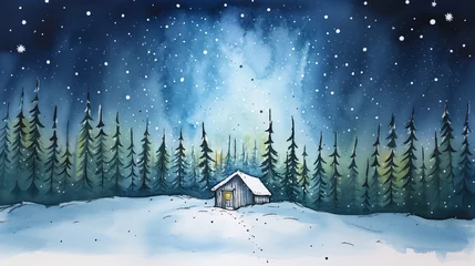 Fotobehang Winter landscape with village cabin and fir trees in snow in watercolor style. Holiday digital watercolor illustration for design on Christmas and New Year card, poster or banner © Michael