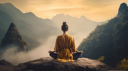 Fototapeten Meditation, landscape and woman sitting on mountain top for mindfulness and spirituality. Peaceful, stress free and focus in nature with view, for mental health, zen and meditating practise © MalamboBot/Peopleimages - AI