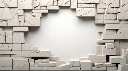 Stone masonry with cracks of different shapes in ivory color with space for text.