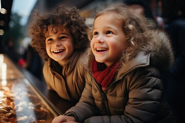 Small happy children stand on the street near a festive shop window decorated with New Year's garlands, Christmas holidays market with bokeh lights - obrazy, fototapety, plakaty