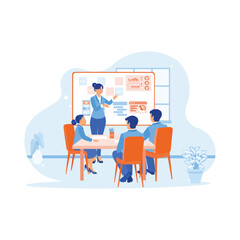 The female manager leads a business creative team meeting in a mobile app software design project. Discuss with each other during meetings in the office. Teamwork meeting concept. 