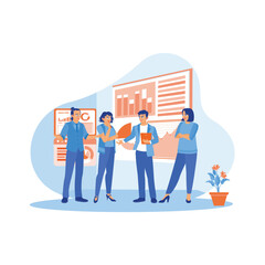 Business team standing inside the office. They discuss and brainstorm with each other in the business of mobile application software design projects. Teamwork meeting concept. 