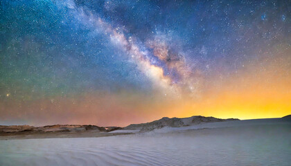 An untouched white desert under a serene twilight sky highlighted by the soft glow of the Milky Way