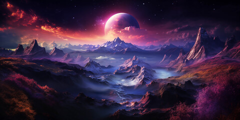 Fantasy landscape of fiery planet with glowing stars, nebulae, Exoplanetary landscape. Mystical burning Planet in space with asteroids - obrazy, fototapety, plakaty