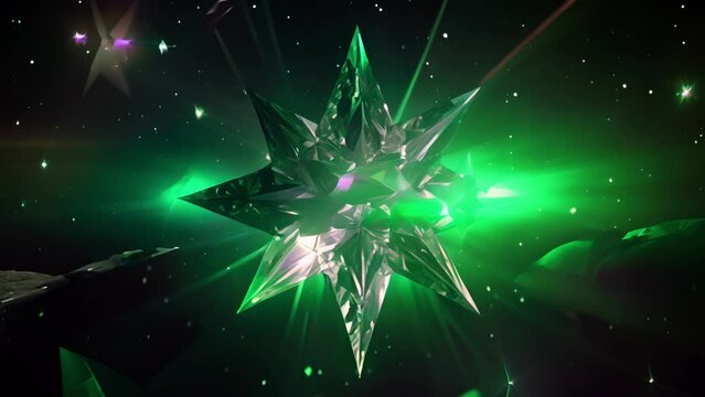 A glittering emerald with a faceted, starshaped . The light catches on each point of the star, creating a sparkling effect that gives the impression of a starry night sky captured within