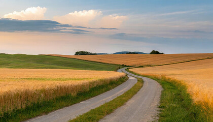 Scenic landscape showcasing rippling barley fields bisected by narrow old country road