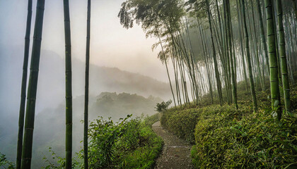 Surreal vision of dew-kissed bamboo forest lost in morning fog beneath an ash-grey dawn sky