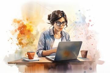 Tech Harmony: Woman Software Engineer Working from Home ,Watercolor