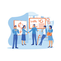 Two company leaders meet and negotiate during a meeting. They shook hands after reaching a mutual agreement. New employees concept. trend modern vector flat illustration