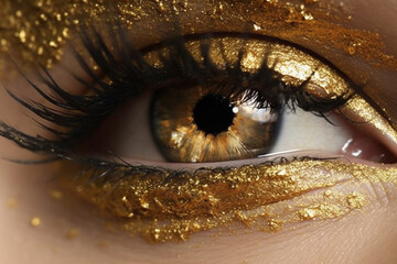 Explore the intricacies of beauty with a close up macro shot capturing the allure of a woman eye adorned with stunning gold or golden makeup. Ai generated