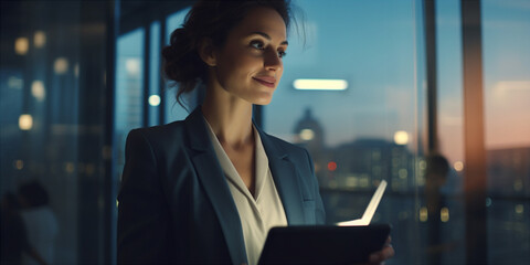 businesswoman holding a tablet in an office - obrazy, fototapety, plakaty