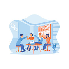 Work team using a laptop during meeting in modern office. Celebrate success and raise each other's hands. Celebrating concept. trend modern vector flat illustration