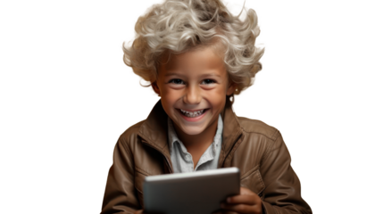 A blond boy in a leather jacket is holding a tablet, laughing, looking at the camera, standing on a yellow studio background. Layout, technology