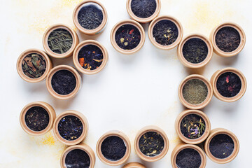 Different types of tea in a pepper boxes.