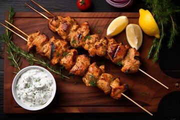 Mediterranean Delight: Greek Chicken Souvlaki with Tzatziki Sauce (Top View)