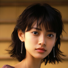 a close headshot of a foreign, US, mixed Japanese female, 25 years old, foreign factors, short hair