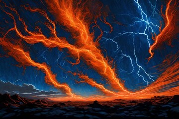 Fiery orange lightning streaking across an electric blue canvas.