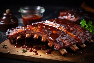 Smokey BBQ Delight: Grilled and Smoked Ribs with Barbecue Sauce - obrazy, fototapety, plakaty
