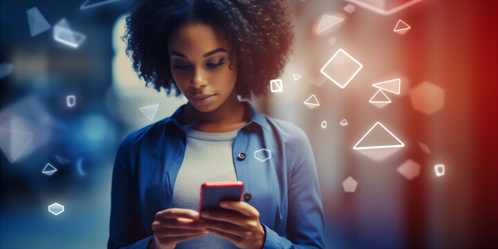 African-American woman checks her e-mail on her smartphone
