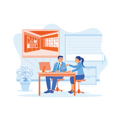 Managers and coworkers create an interior design using the computer. 3D modelling and digital Interior design. Employee Making concept. trend modern vector flat illustration