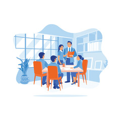 A diverse business team gathered together in the meeting room. Discuss business ideas, find solutions, and review product sales results. Discuss Information concept. 