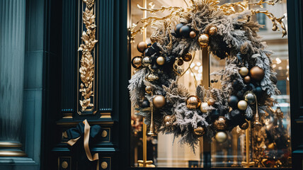 Obraz premium Christmas decoration details on English styled luxury high street city store door or shopping window display, holiday sale and shop decor