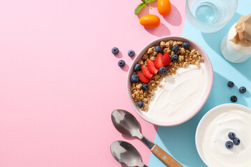 Yogurt with fruits in a bowl on a pink and blue background