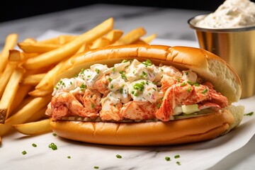 Coastal Delicacy: Lobster Roll Nestled in a Brioche Bun, Served with Crispy Fries on a Elegant Marble Board