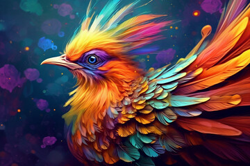 Fototapeta premium Immerse yourself in the vibrant world of wonder with this creatively crafted illustration showcasing the brilliance of an exotic and colorful bird. Ai generated