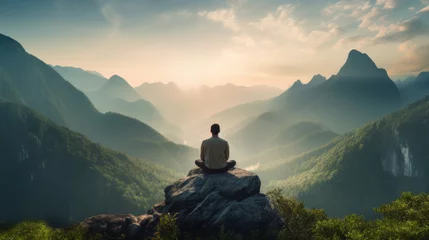 Poster Im Rahmen Meditation, landscape and man sitting on mountain top for mindfulness and spirituality. Peaceful, stress free and focus in nature with view, for mental health, zen and meditating practise © Peopleimages - AI