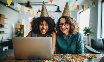 Corporate businesspeople having fun in corporate party at office, celebrating spacial event, corporate anniversary, business success. Happy diverse coworkers wearing party hats with falling confetti