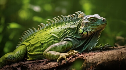 Obraz premium A big green iguana lizard in nature.