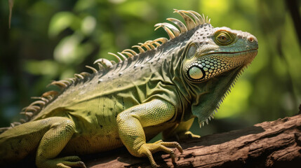 Fototapeta premium A big green iguana lizard in nature.