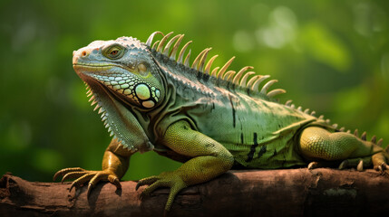 Obraz premium A big green iguana lizard in nature.