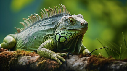 Fototapeta premium A big green iguana lizard in nature.