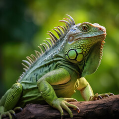 Fototapeta premium A big green iguana lizard in nature.