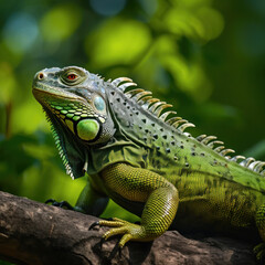 Fototapeta premium A big green iguana lizard in nature.