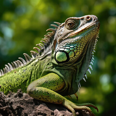 Obraz premium A big green iguana lizard in nature.