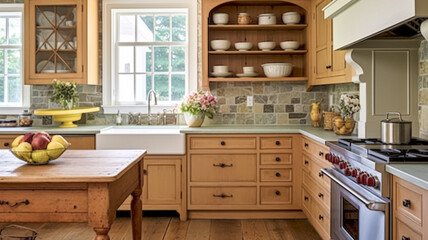 Cottage kitchen decor, interior design and country house, wooden in frame kitchen cabinetry, sink, stove and stone countertop, English countryside style
