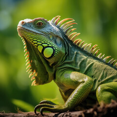 Fototapeta premium A big green iguana lizard in nature.