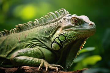 Fototapeta premium A big green iguana lizard in nature.